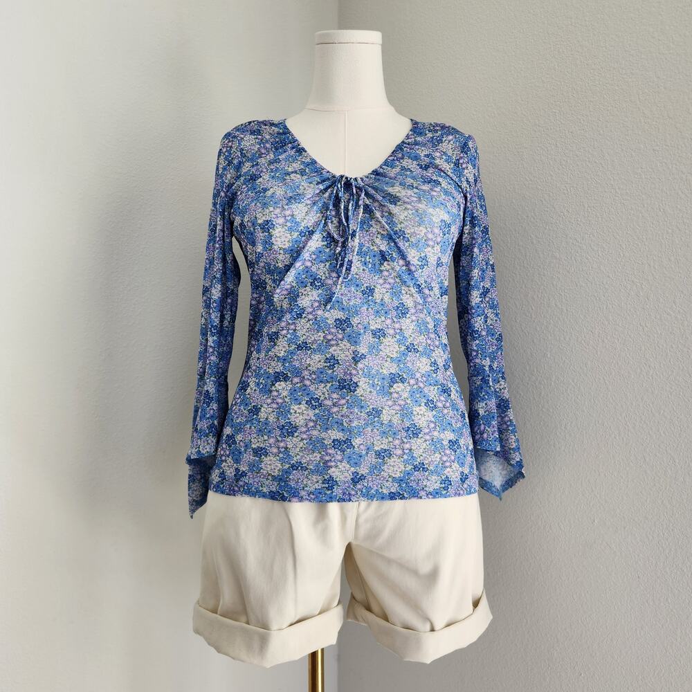 Vintage Y2K Blue Floral V Neck Drawstring Long Sleeve Blouse Fashion Bug M